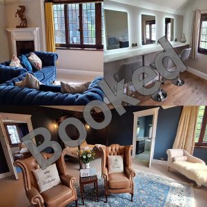 A composite image showing three photographs of an elegant country house hotel. The photos show an elegant sitting room with blue velvet Chesterfield sofas, a spa or hair and makeup salon, and a luxury bedroom with four poster bed and elegant furnishings. The text "Booked" is overlaid over the top of the photograph, to indicate that the room is no longer available for guests to book it.