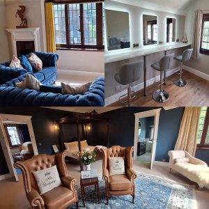 A composite image showing three photographs of an elegant country house hotel. The photos show an elegant sitting room with blue velvet Chesterfield sofas, a spa or hair and makeup salon, and a luxury bedroom with four poster bed and elegant furnishings.