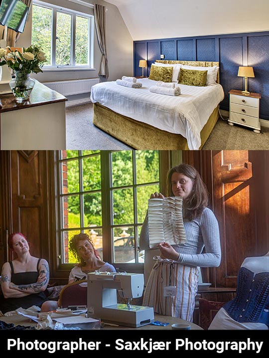 A picture of a lovely room with a golden bed in it is in the top half of the image. The bottom half is 3 women, where one is holding some sewing to the camera.